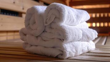 A stack of fluffy white towels next to a sauna ready for participants to wrap themselves in after their session. photo