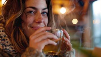 un satisfecho cliente sonriente y bebiendo en calentar herbario té después completando su desintoxicación régimen incluso regular infrarrojo sauna sesiones foto