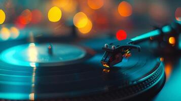 A record players needle glides gracefully along the grooves of a vinyl record producing smooth melodies photo