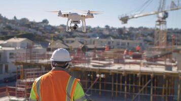 un zumbido flota encima el construcción sitio capturar En Vivo imágenes de trabajadores y supervisión el Progreso de cada sección de el proyecto foto