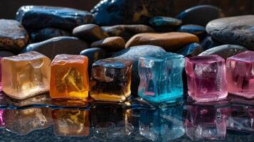 An array of colorful icy cubes are displayed next to a pile of hot stones symbolizing the contrast between cold therapy and sauna heat. photo