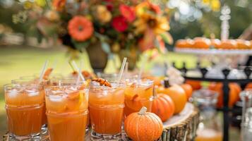 un rústico otoño temática de cosecha fiesta completar con calabaza tarta Mocktail tiradores y un paseo en carreta mediante un cerca huerta foto