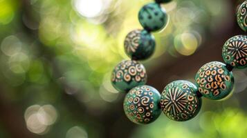 A handcrafted clay necklace with each bead featuring a distinctive stamped pattern. photo