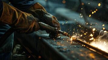 The steady hands of a worker guide the welding torch along the exposed seam of a metal surface photo