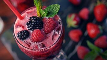 A closeup of a smoothieinspired cocktail garnished with ripe berries and a sprig of mint photo