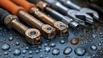 A plumber using a variety of tools to fix a leaking pipe making necessary repairs to ensure the home is leakfree photo