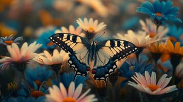 un mayor fotógrafo capturas el Perfecto Disparo de un fascinante mariposa encaramado en un cama de vibrante flores silvestres cada pétalo y ala detalle cristal claro en el final imagen foto
