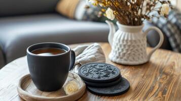 un acogedor hogar ajuste con un conjunto de bricolaje en relieve portavasos pags en un café mesa siguiente a un taza de té. foto