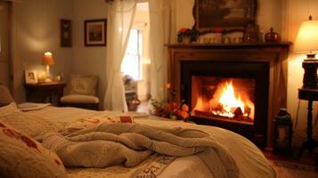 el parpadeando llamas de el hogar emitir un suave ligero terminado el acogedor cama y desayuno creando un tranquilo y acogedor atmósfera. 2d plano dibujos animados foto