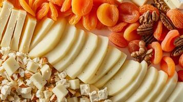 An impressive cheese platter featuring a variety of styles from soft and spreadable Brie to firm and nutty Gruyere accompanied by sweet slices of honeycrisp apples and dried apricot photo