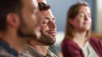 Some members of the group have their eyes closed while others engage in active discussion their facial expressions reflecting their emotions. photo