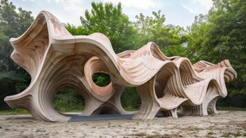 A large clay structure resembling a wave built using a technique that allows for freeform building and fluid movement in the design. photo