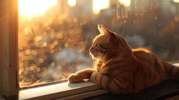 A cat perched on a windowsill enjoying the warm sun streaming in and the view of the city below photo