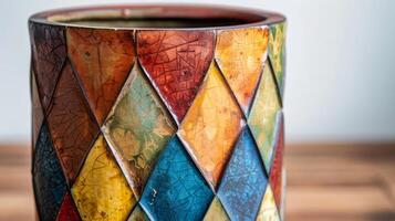 A cylindrical vase its smooth surface covered in textured diamond shapes in a range of bright colors from soda firing. photo