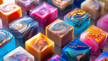 Vibrant colors and unique patterns adorn the surface of handcrafted soaps photo