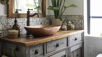 Embracing a mix of textures and materials a DIYer gives their bathroom a bohemianinspired makeover featuring a hammered copper sink handpainted tiles and a reclaimed woo photo