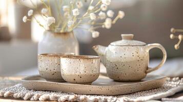 A rustic and earthy tea set featuring a speckled ceramic glaze in warm tones and unfinished edges bringing an organic and handmade touch to the set. photo