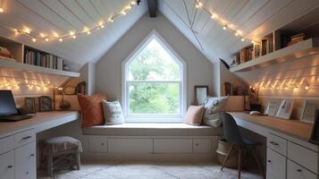 Turn your attic into a hidden workspace with builtin shelves and desk space for two a cozy window seat for a break from work and string lights for a cozy touch. Ideal fo photo