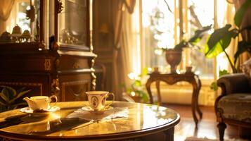 A warm goldenhued room filled with natural light the perfect setting for a cozy hightea afternoon with friends photo