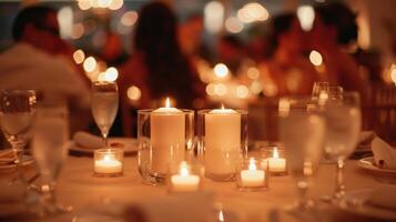 Candlelit tables dd in white cloths are tered around the room inviting guests to sit and socialize in small groups photo