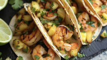 Shrimp lovers rejoice with these flavorful grilled shrimp tacos complete with a tangy pineapple salsa and a sprinkle of cilantro for that perfect finishing touch photo