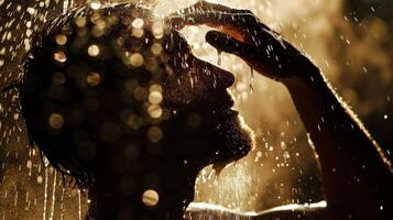 A person lathering up with natural soap while standing under the cold shower benefiting from the contrast between hot and cold temperatures. photo