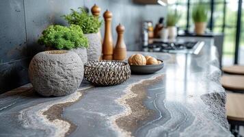 A macro shot of a quartz countertop showcasing the intricate patterns of white grey and beige that create a timeless and chic look in any kitchen photo