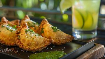 A tray of y vegan empanadas paired with a refreshing cucumber and melon mocktail with a sprinkle of chili salt on the rim photo