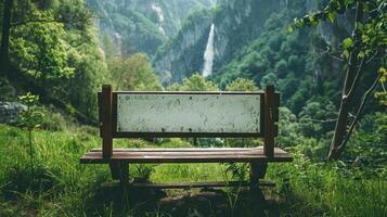 Blank mockup of a scenic viewpoint sign with a waterfall image and serif font. photo