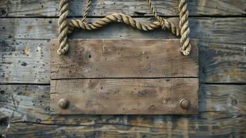 Blank mockup of a rustic pier sign with a distressed wood background and rope detailing. photo