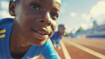 A young athlete watching in awe as an older enhanced athlete makes a recordbreaking jump in a hightech track and field event. photo