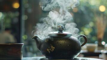 The steam rises from the teapot carrying with it the fragrant scent of the steeping tea leaves photo