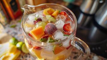 A pitcher filled with ice fruits and sparkling juices ready to be transformed into a delicious virgin sangria photo