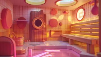 A whimsical animated sequence showcasing how sauna heat can boost metabolism burn calories and aid in weight loss by increasing heart rate and promoting healthy sweating. photo