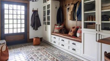 A clic mudroom with builtin antique storage benches vintage hooks for coats and bags and a retroinspired tile floor photo