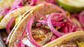 un relajado playa ambiente y Agua en la boca pescado tacos presentando A la parrilla tilapia en escabeche rojo cebollas y cremoso aguacate foto