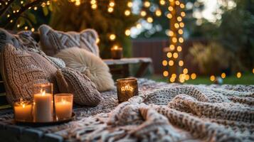 un rústico preparar de mantas almohadas y parpadeando velas proporciona un acogedor Mancha a disfrutar un al aire libre película por el fuego. 2d plano dibujos animados foto