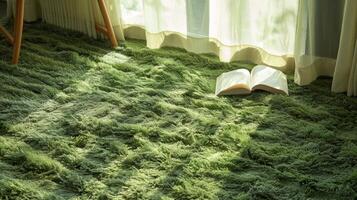suave felpa alfombras cubrir el piso Proporcionar un calentar y acogedor Mancha a sentar y disfrutar un bueno libro. 2d plano dibujos animados foto
