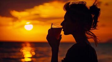 un silueta de un persona pacíficamente bebiendo en su favorito bebida mientras admirativo el vibrante colores de el puesta de sol foto