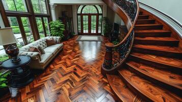 The intricate design of a new staircase railing featuring ornate ironwork and rich wood detailing becomes the focal point of a beautifully renovated home photo