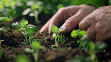 un mans manos suavemente tamizar mediante el suelo de su interior jardín plantando nuevo semillas con precisión foto