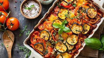 A vegan twist on a traditional dish plantain lasagna filled with layers of roasted vegetables marinara sauce and a cashew cheese sauce photo