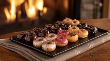 A platter of mini fireside donuts each with a unique flavor and e design arranged in front of the roaring fireplace. A perfect indulgence to enjoy during a cozy night in photo