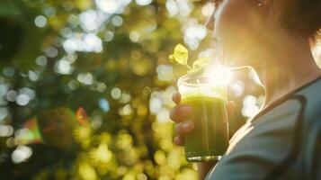 un persona que practica jogging tomando un descanso a hidratar con un refrescante vaso de verde jugo con luz de sol transmisión mediante el arboles foto