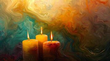 The vibrant colors of the artwork seem to come alive in the gentle flickering light of the candles. 2d flat cartoon photo