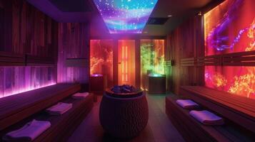 un inmersivo sauna experiencia con color terapia y sonido curación estimulante el Sentidos y promoviendo en general mente cuerpo bienestar. foto