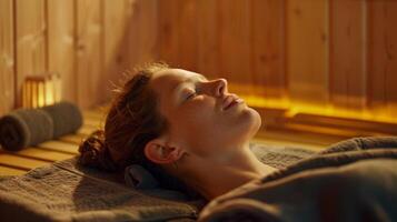 un mujer acostado en un estera en el sauna su ojos cerrado y un sereno expresión en su cara mientras practicando respiración tecnicas ese lata ayuda combate el agotamiento y debilidad causado foto