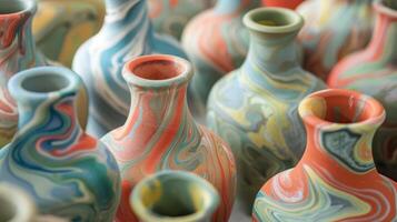 A series of vases with multicolored abstract designs created through the process of marbling traditionally used in papermaking but now applied to pottery. photo