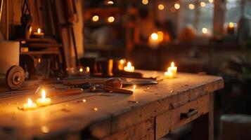 un antiguo de madera banco de trabajo sirve como un central cubo para herramientas y materiales rodeado por luz de una vela. 2d plano dibujos animados foto