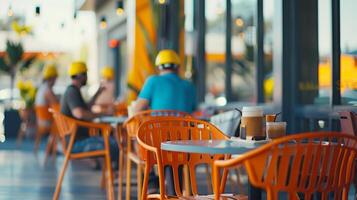 A workers break area with tables and chairs made from recycled construction materials all occupied by workers enjoying their coffee photo